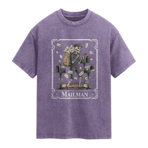 Skeleton Mailman Tarot Card Washed Cotton T-Shirt Funny Postal Worker Post Office Staff