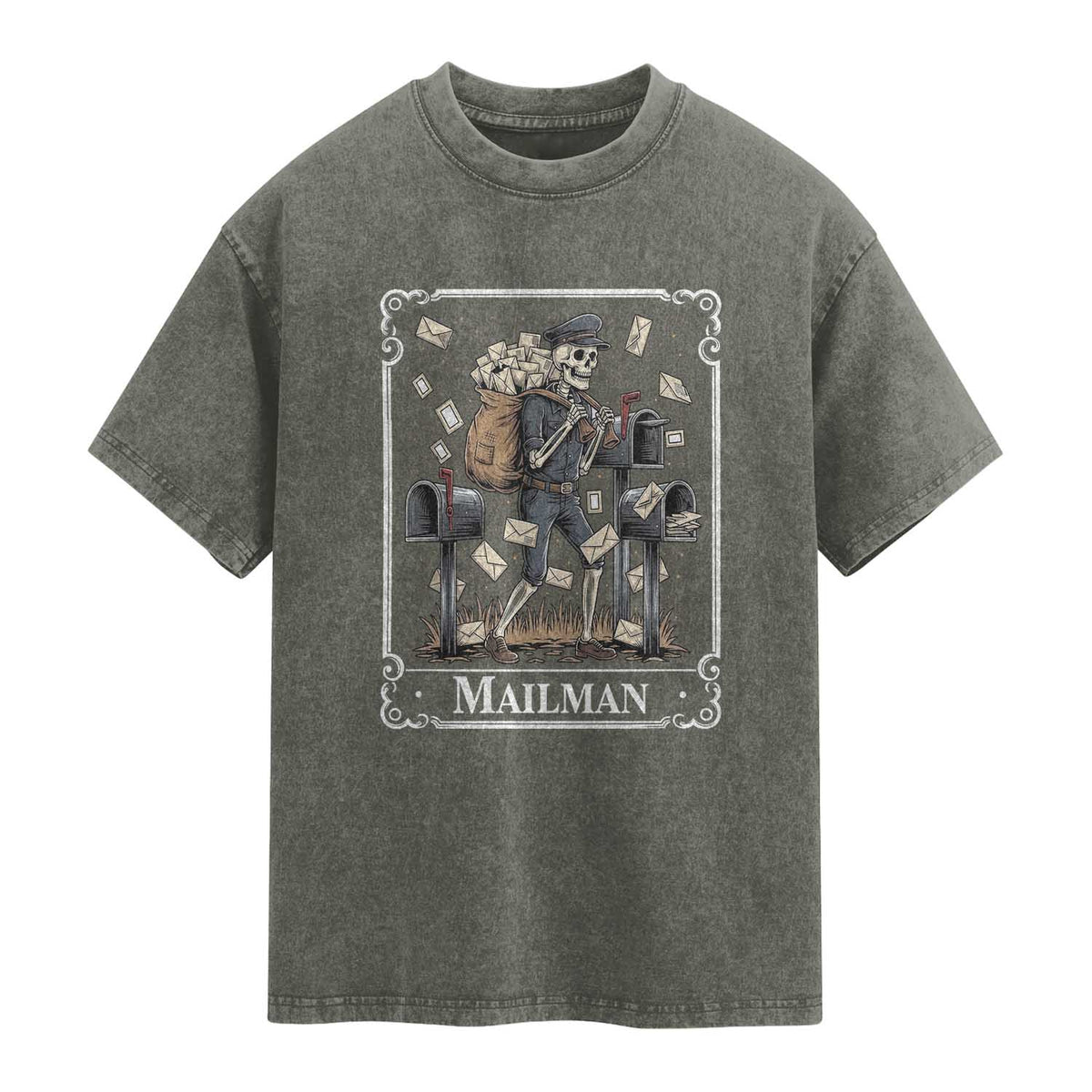 Skeleton Mailman Tarot Card Washed Cotton T-Shirt Funny Postal Worker Post Office Staff