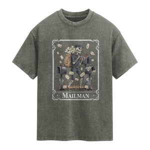 Skeleton Mailman Tarot Card Washed Cotton T-Shirt Funny Postal Worker Post Office Staff