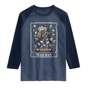 Skeleton Mailman Tarot Card Raglan Shirt Funny Postal Worker Post Office Staff