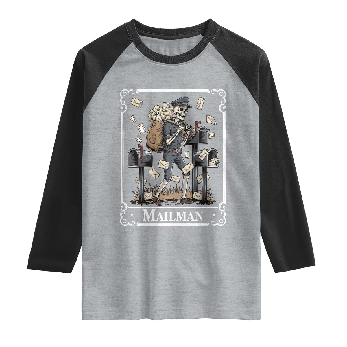 Skeleton Mailman Tarot Card Raglan Shirt Funny Postal Worker Post Office Staff