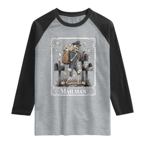 Skeleton Mailman Tarot Card Raglan Shirt Funny Postal Worker Post Office Staff