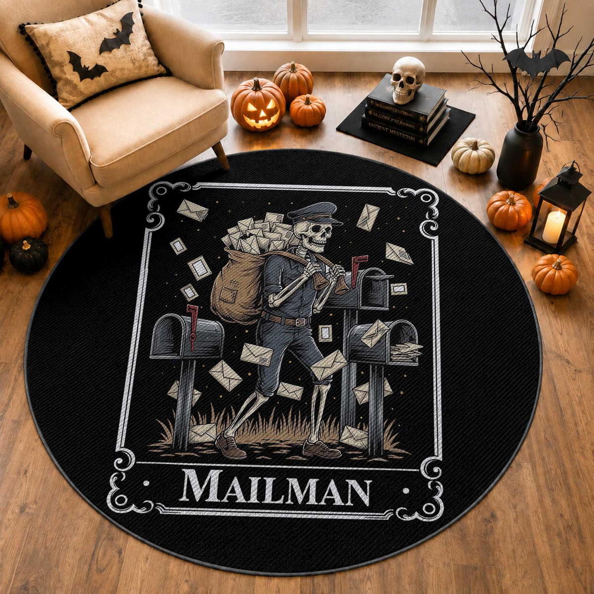Skeleton Mailman Tarot Card Round Rug Funny Postal Worker Post Office Staff