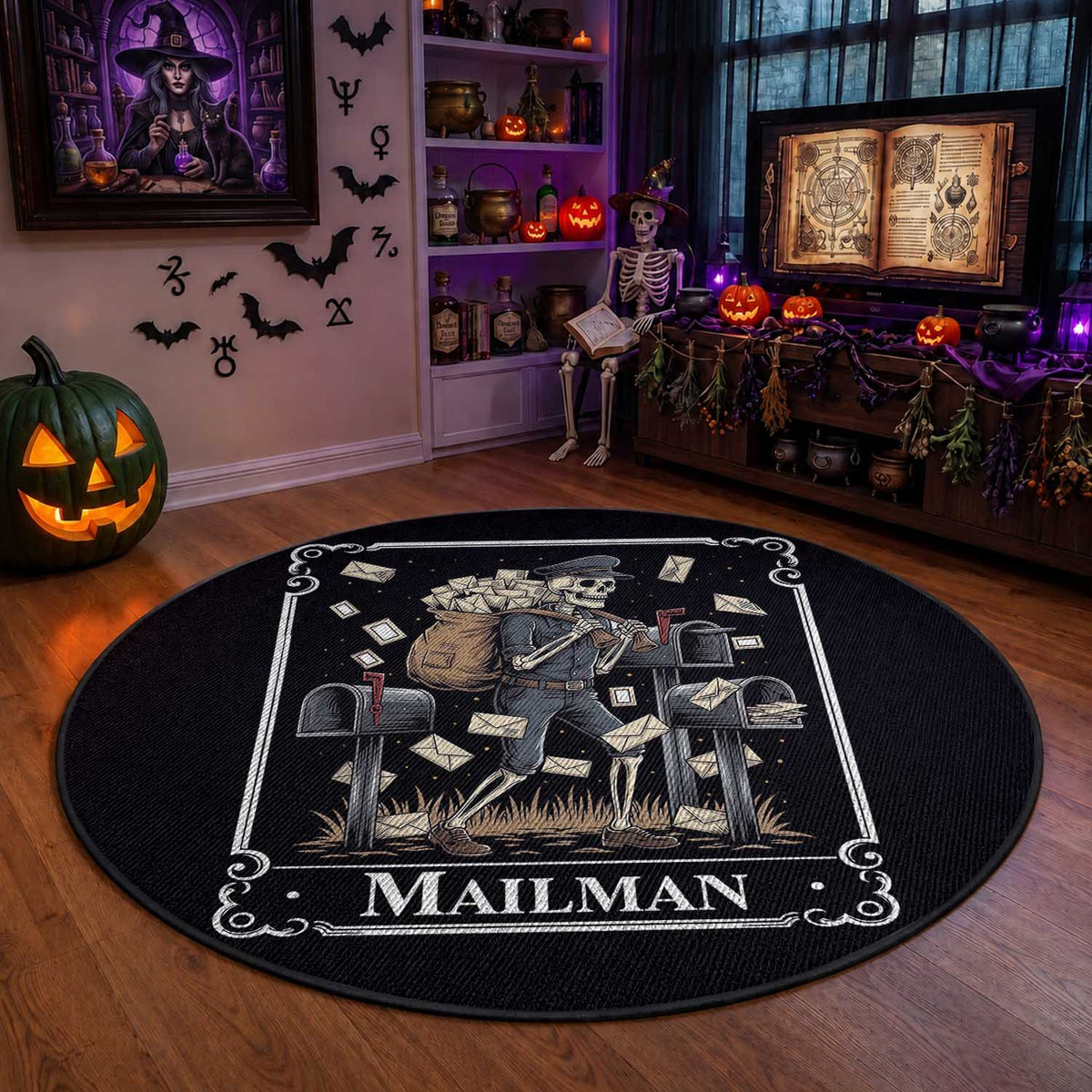 Skeleton Mailman Tarot Card Round Rug Funny Postal Worker Post Office Staff