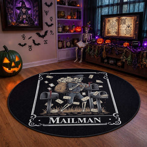 Skeleton Mailman Tarot Card Round Rug Funny Postal Worker Post Office Staff