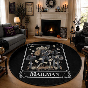 Skeleton Mailman Tarot Card Round Rug Funny Postal Worker Post Office Staff