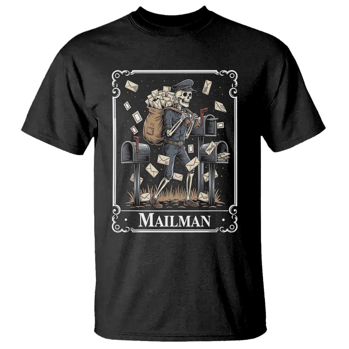 Skeleton Mailman Tarot Card T Shirt Funny Postal Worker Post Office Staff