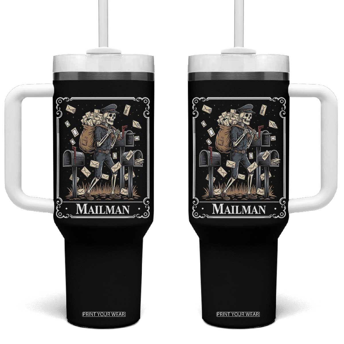 Skeleton Mailman Tarot Card Tumbler With Handle Funny Postal Worker Post Office Staff