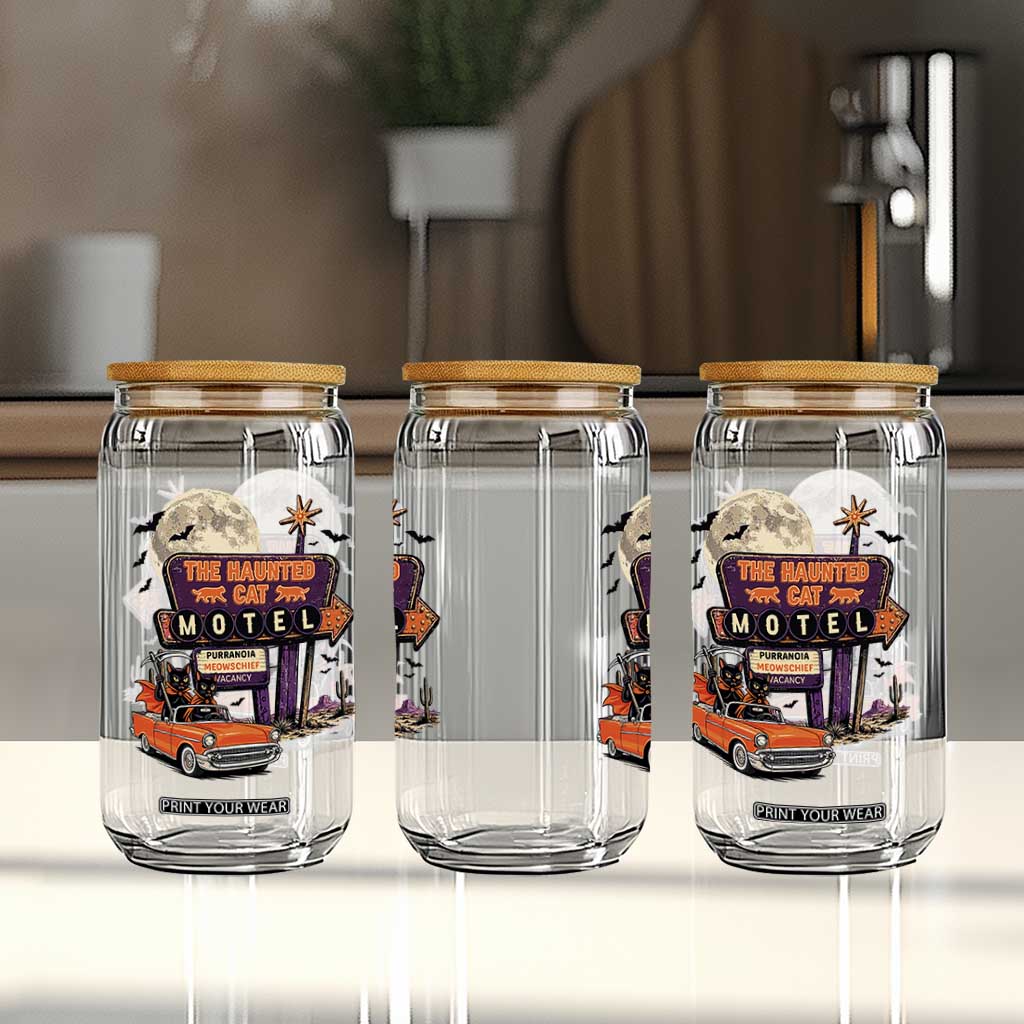 Halloween Haunted Cat Motel Glass Can Funny Meowschief Cat Lovers
