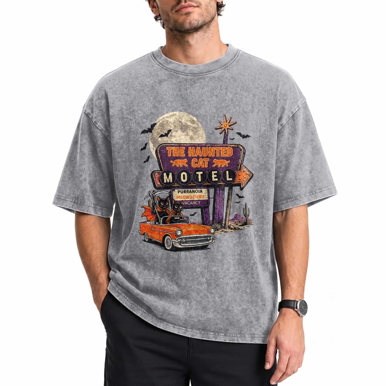 Halloween Haunted Cat Motel Washed Cotton T-Shirt Funny Meowschief Cat Lovers