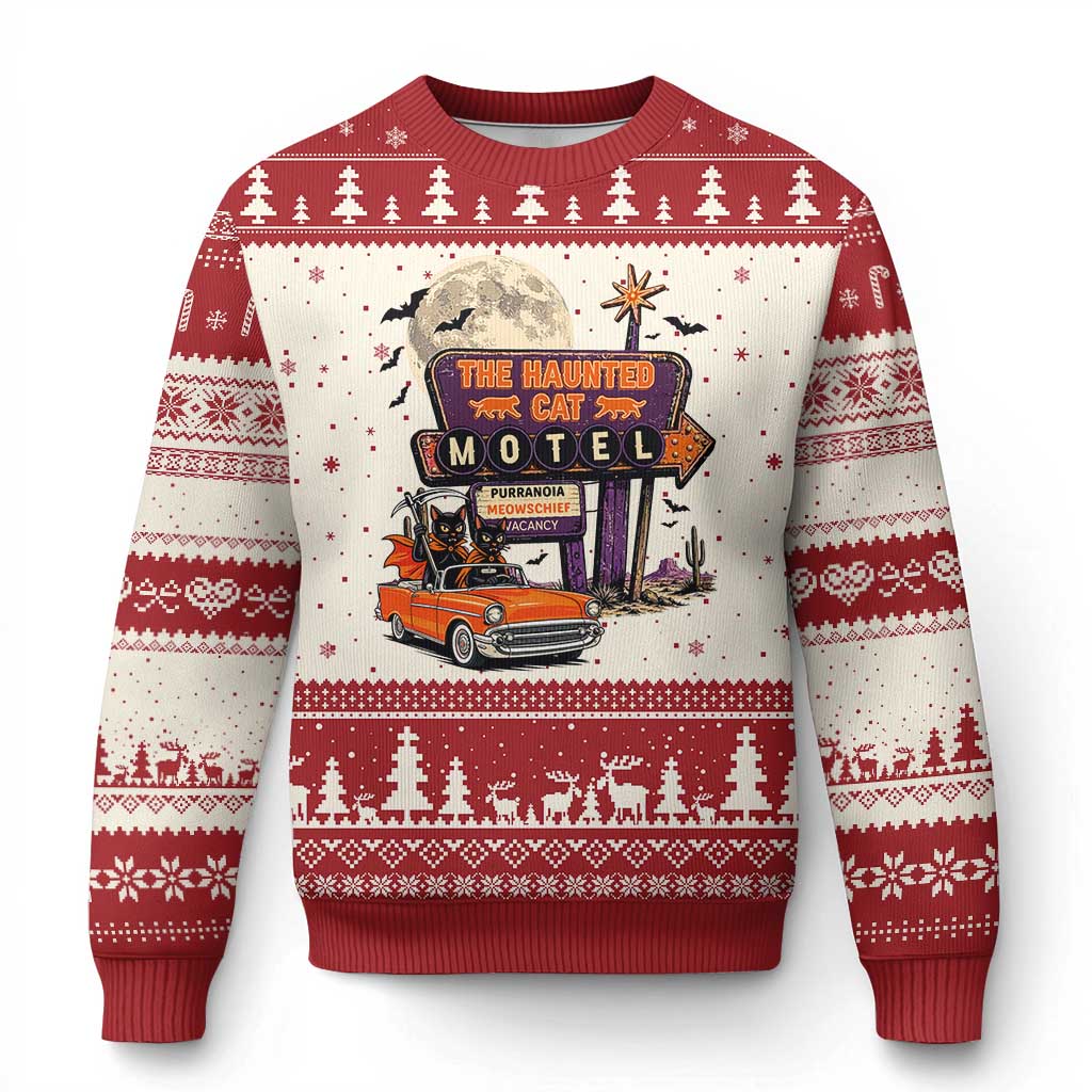 Halloween Haunted Cat Motel Ugly Christmas Sweater Funny Meowschief Cat Lovers