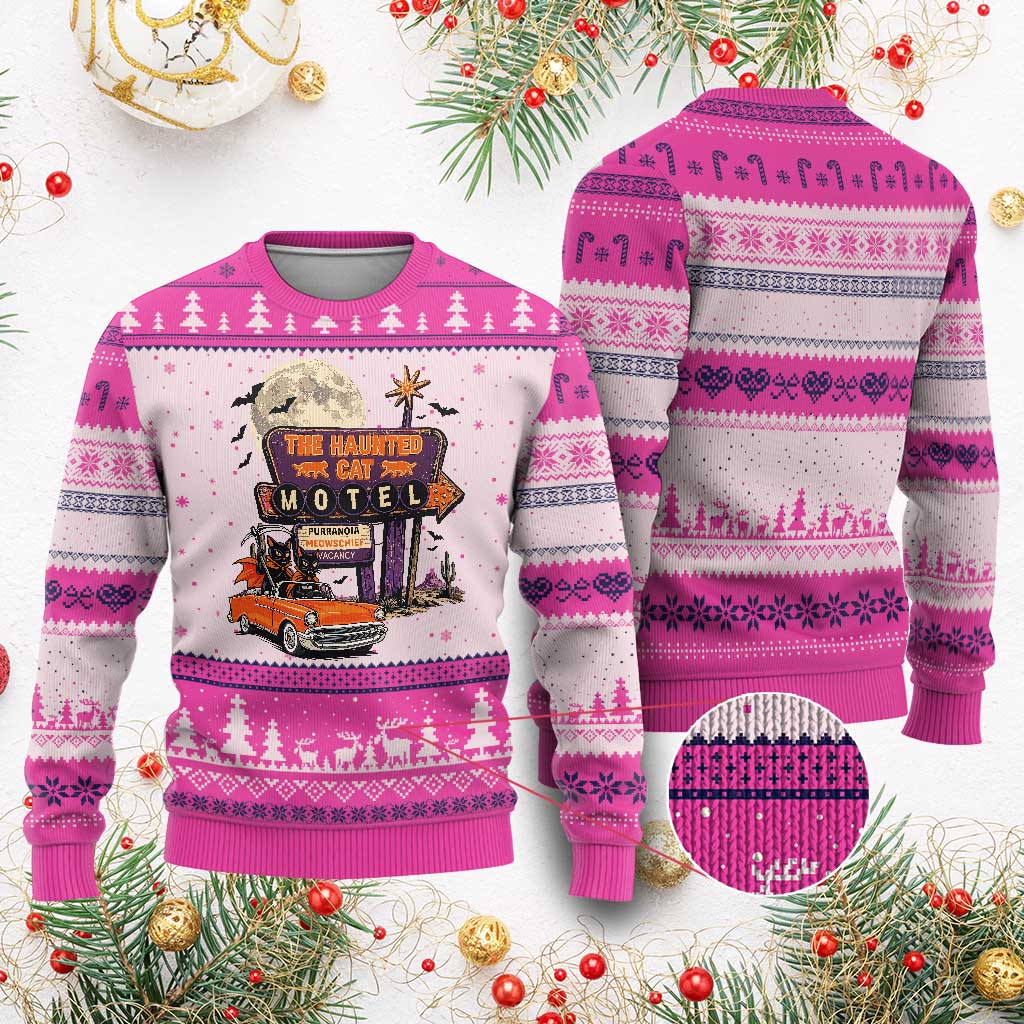 Halloween Haunted Cat Motel Ugly Christmas Sweater Funny Meowschief Cat Lovers
