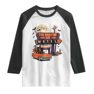 Halloween Haunted Cat Motel Raglan Shirt Funny Meowschief Cat Lovers