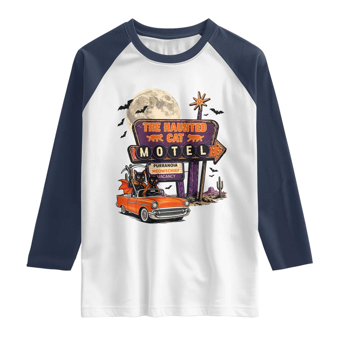 Halloween Haunted Cat Motel Raglan Shirt Funny Meowschief Cat Lovers