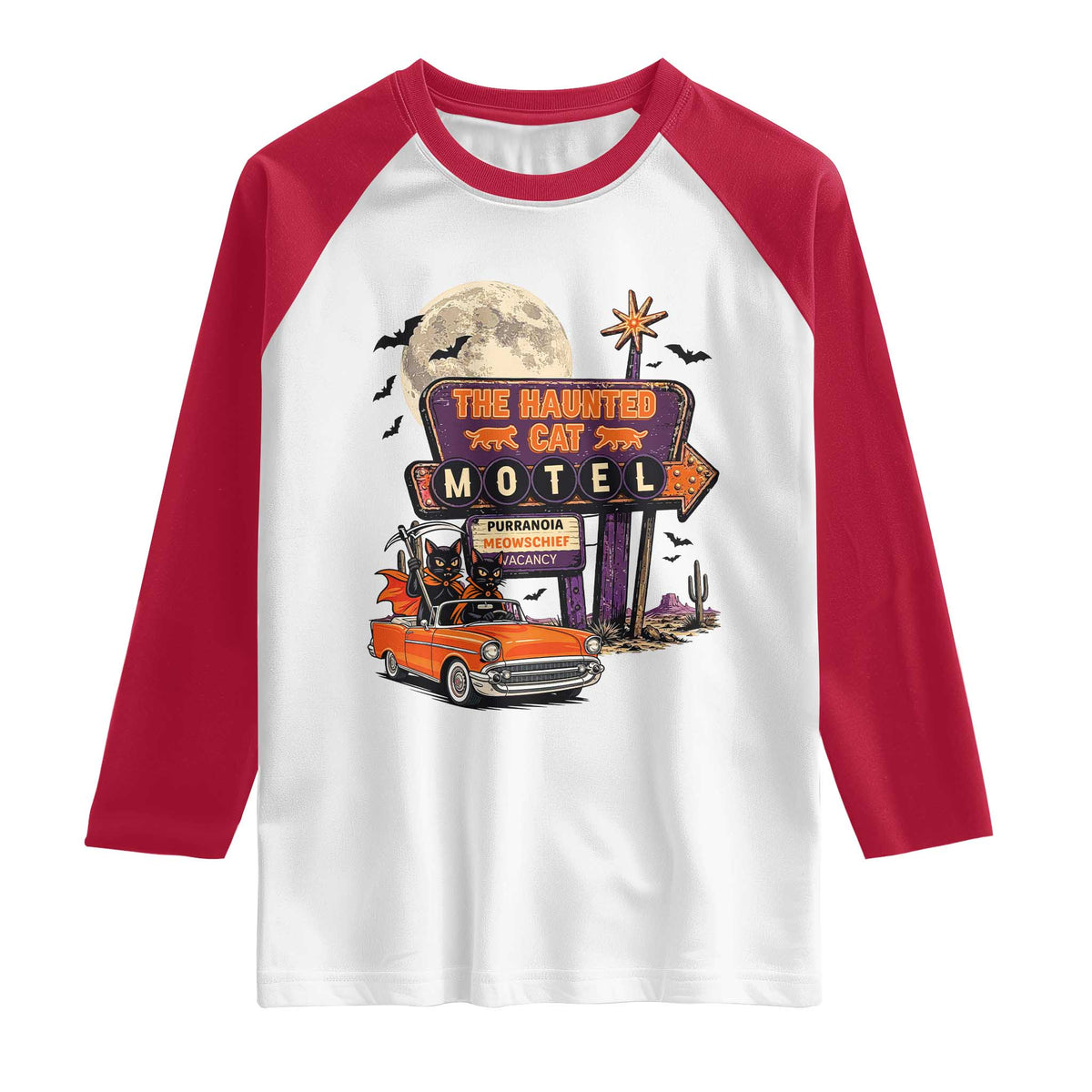 Halloween Haunted Cat Motel Raglan Shirt Funny Meowschief Cat Lovers