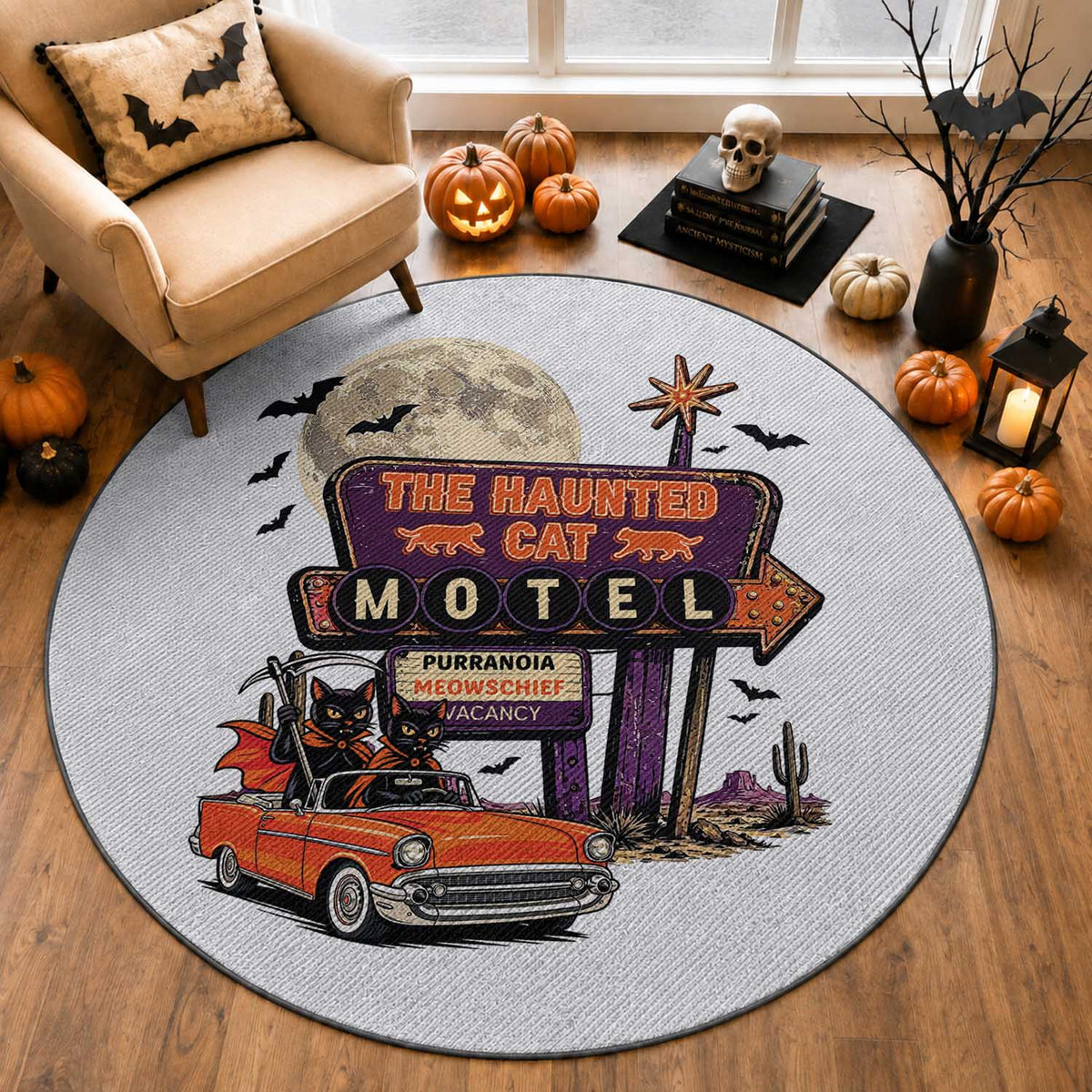Halloween Haunted Cat Motel Round Rug Funny Meowschief Cat Lovers