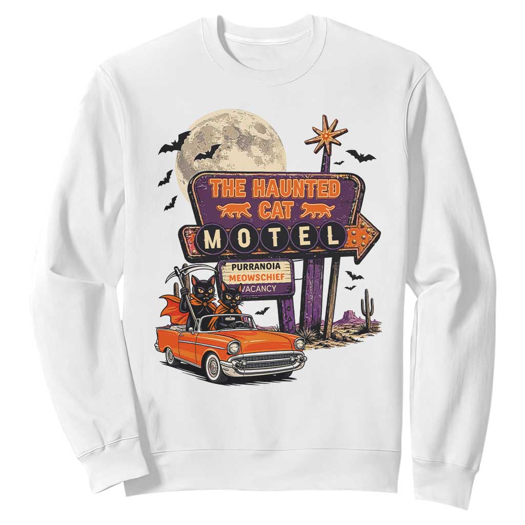 Halloween Haunted Cat Motel Sweatshirt Funny Meowschief Cat Lovers