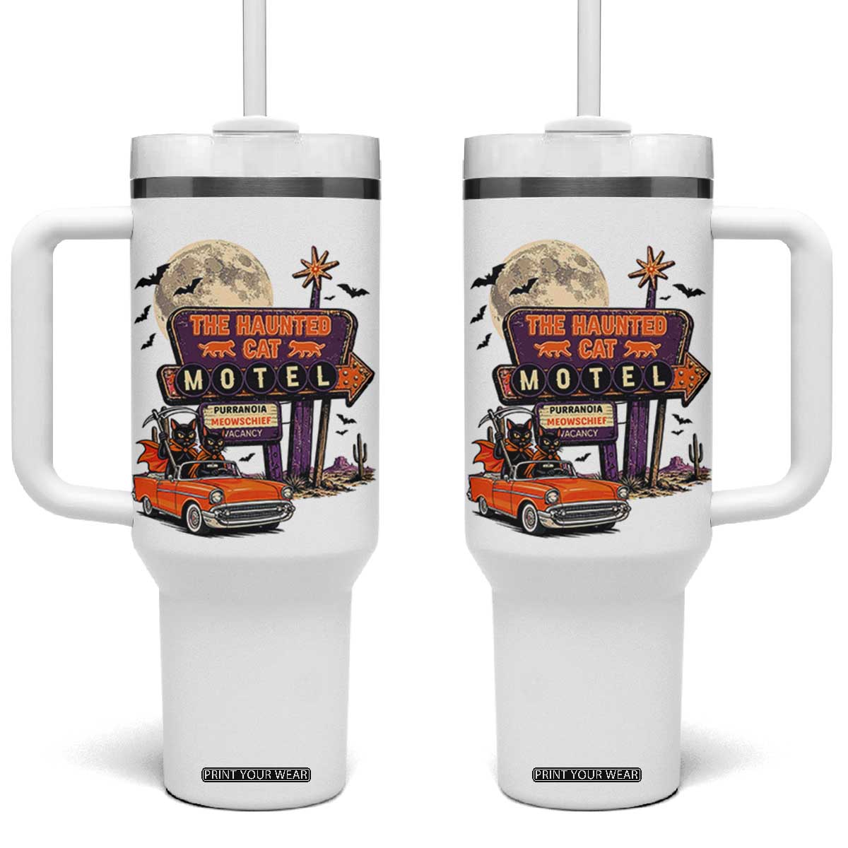 Halloween Haunted Cat Motel Tumbler With Handle Funny Meowschief Cat Lovers