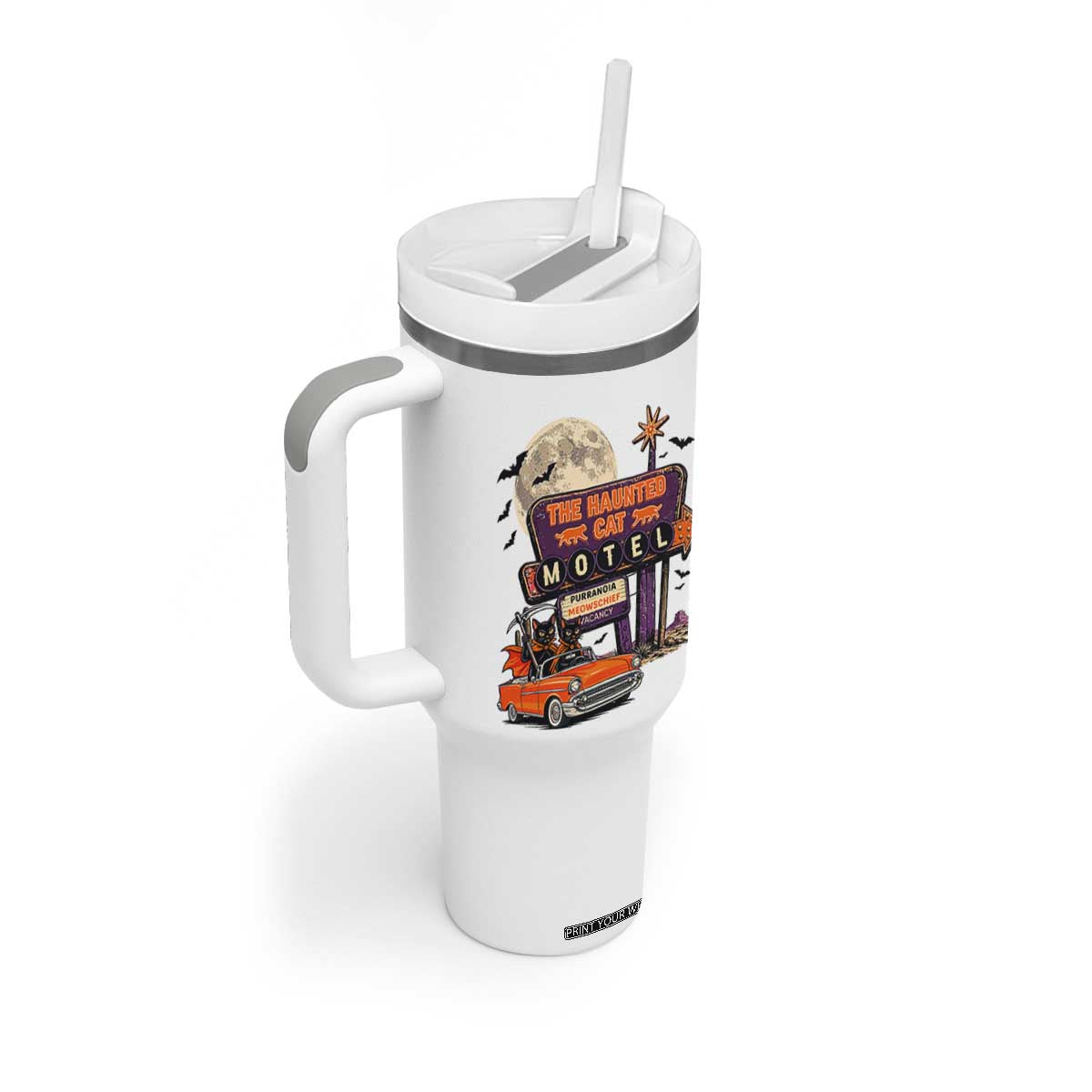 Halloween Haunted Cat Motel Tumbler With Handle Funny Meowschief Cat Lovers