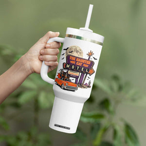 Halloween Haunted Cat Motel Tumbler With Handle Funny Meowschief Cat Lovers