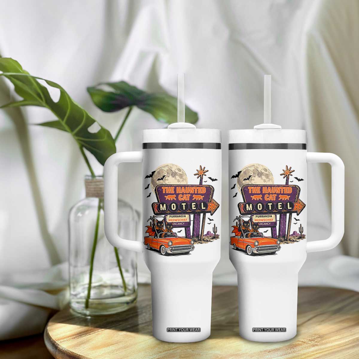 Halloween Haunted Cat Motel Tumbler With Handle Funny Meowschief Cat Lovers