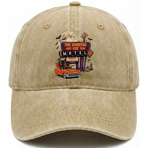 Halloween Haunted Cat Motel Washed Cotton Baseball Cap Funny Meowschief Cat Lovers