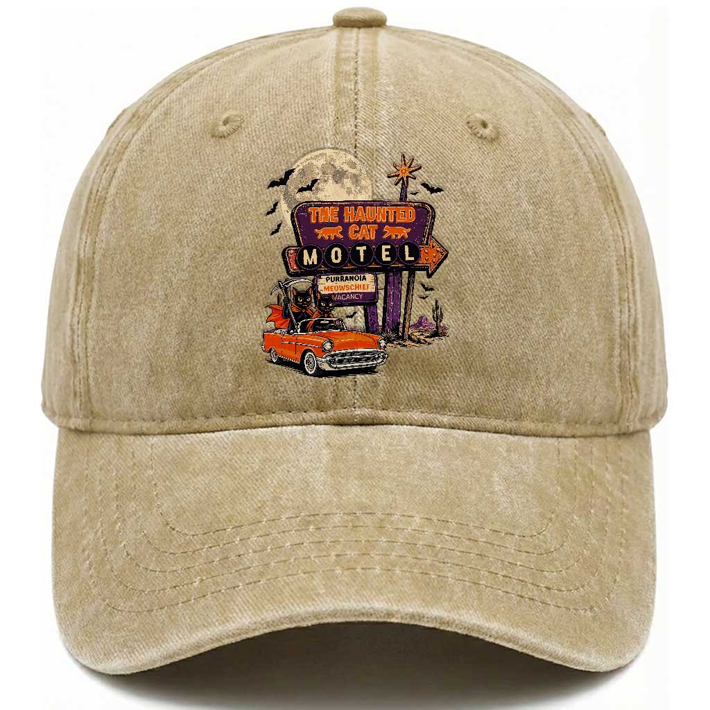 Halloween Haunted Cat Motel Washed Cotton Baseball Cap Funny Meowschief Cat Lovers