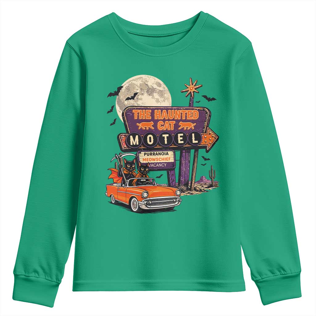 Halloween Haunted Cat Motel Youth Sweatshirt Funny Meowschief Cat Lovers