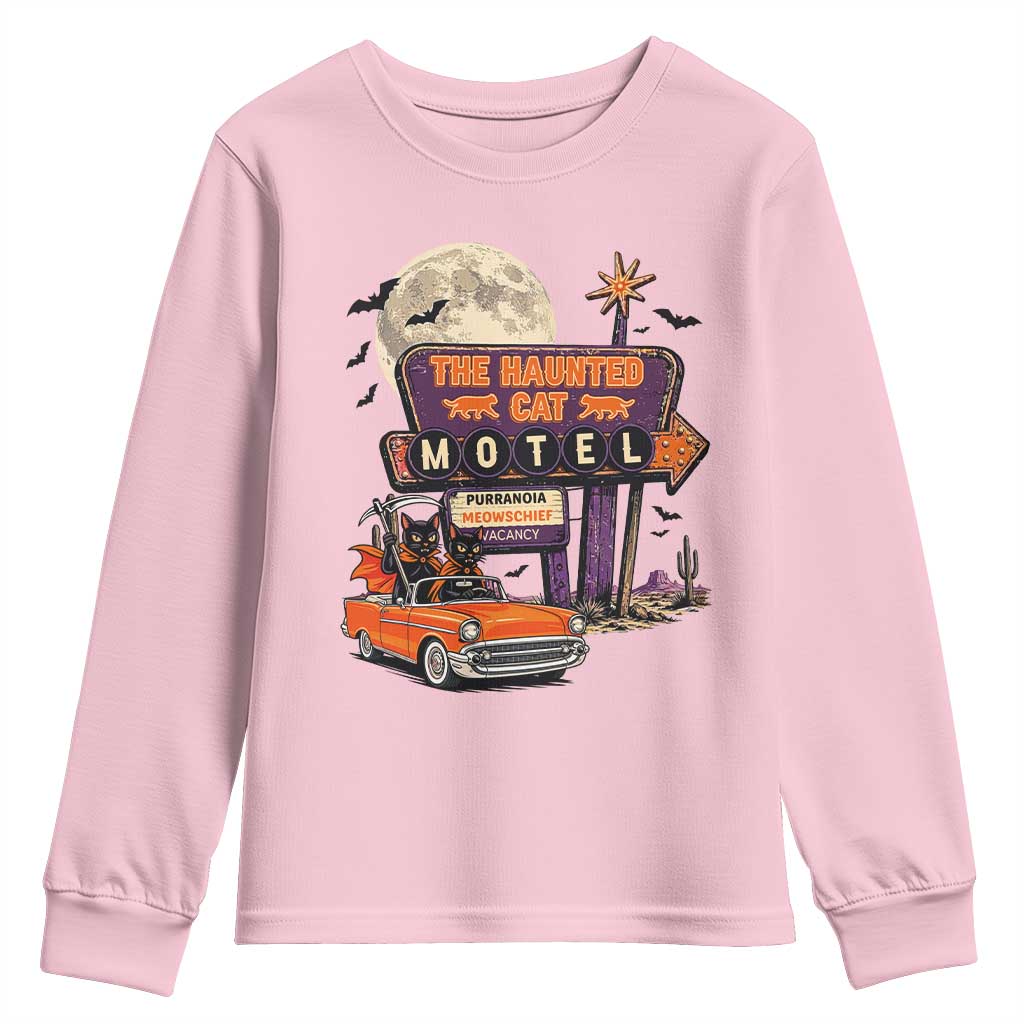 Halloween Haunted Cat Motel Youth Sweatshirt Funny Meowschief Cat Lovers
