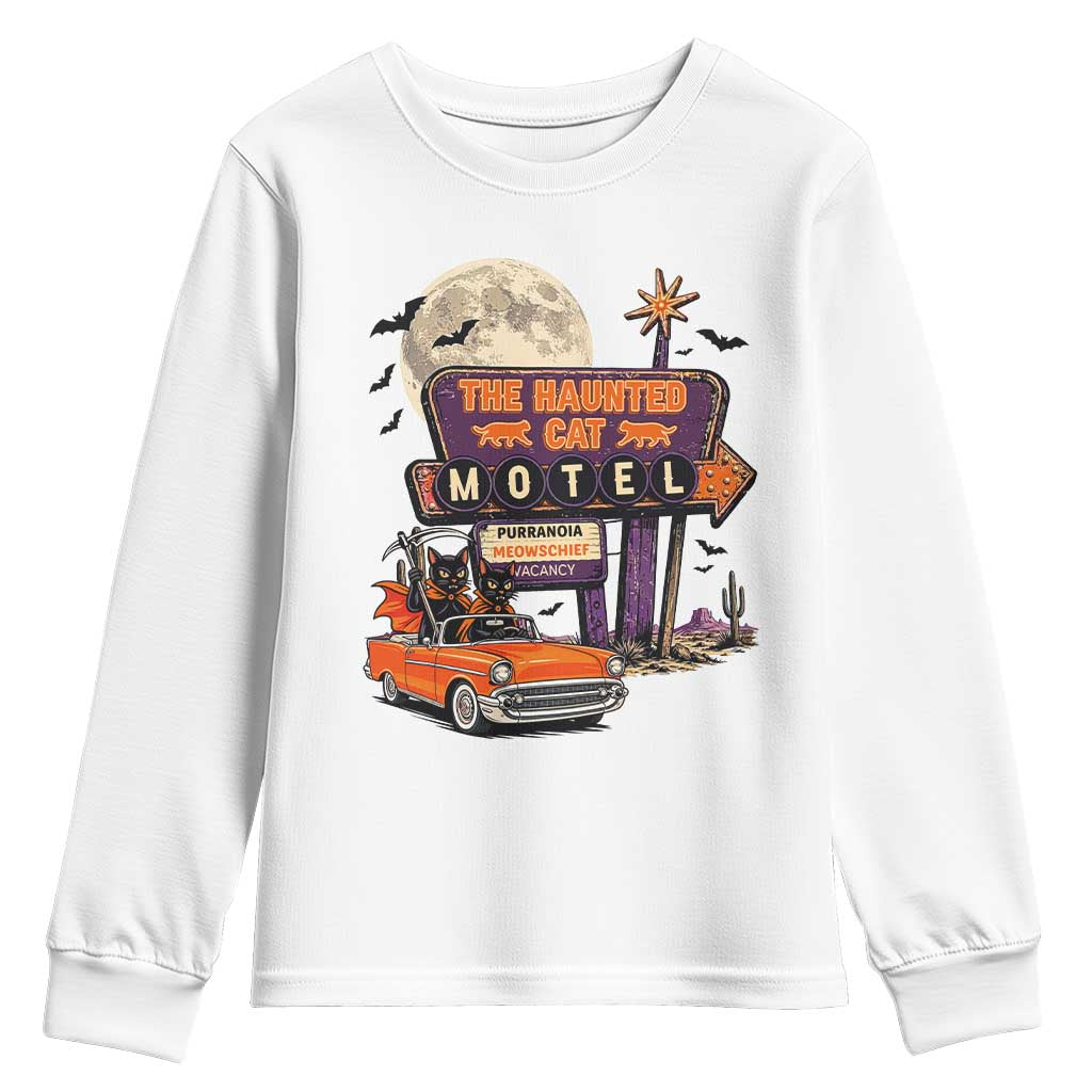 Halloween Haunted Cat Motel Youth Sweatshirt Funny Meowschief Cat Lovers