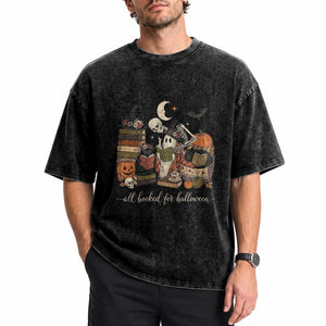 Spooky Bookish Reader Washed Cotton T-Shirt All Booked For Halloween