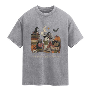 Spooky Bookish Reader Washed Cotton T-Shirt All Booked For Halloween