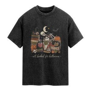 Spooky Bookish Reader Washed Cotton T-Shirt All Booked For Halloween
