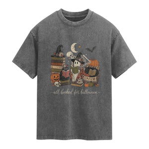 Spooky Bookish Reader Washed Cotton T-Shirt All Booked For Halloween
