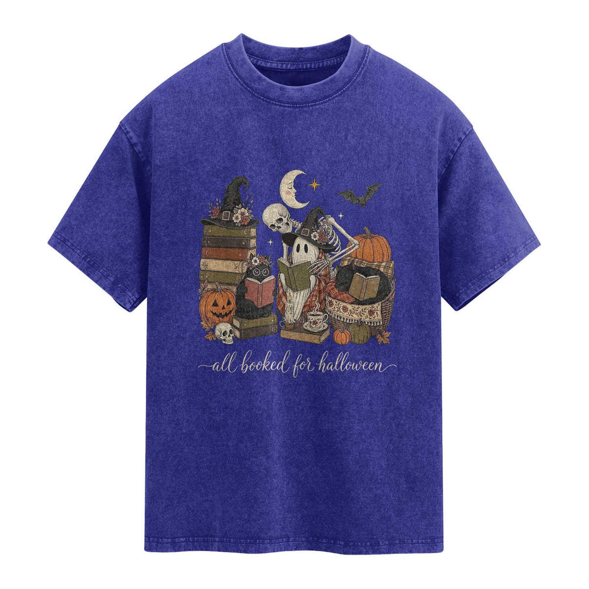 Spooky Bookish Reader Washed Cotton T-Shirt All Booked For Halloween