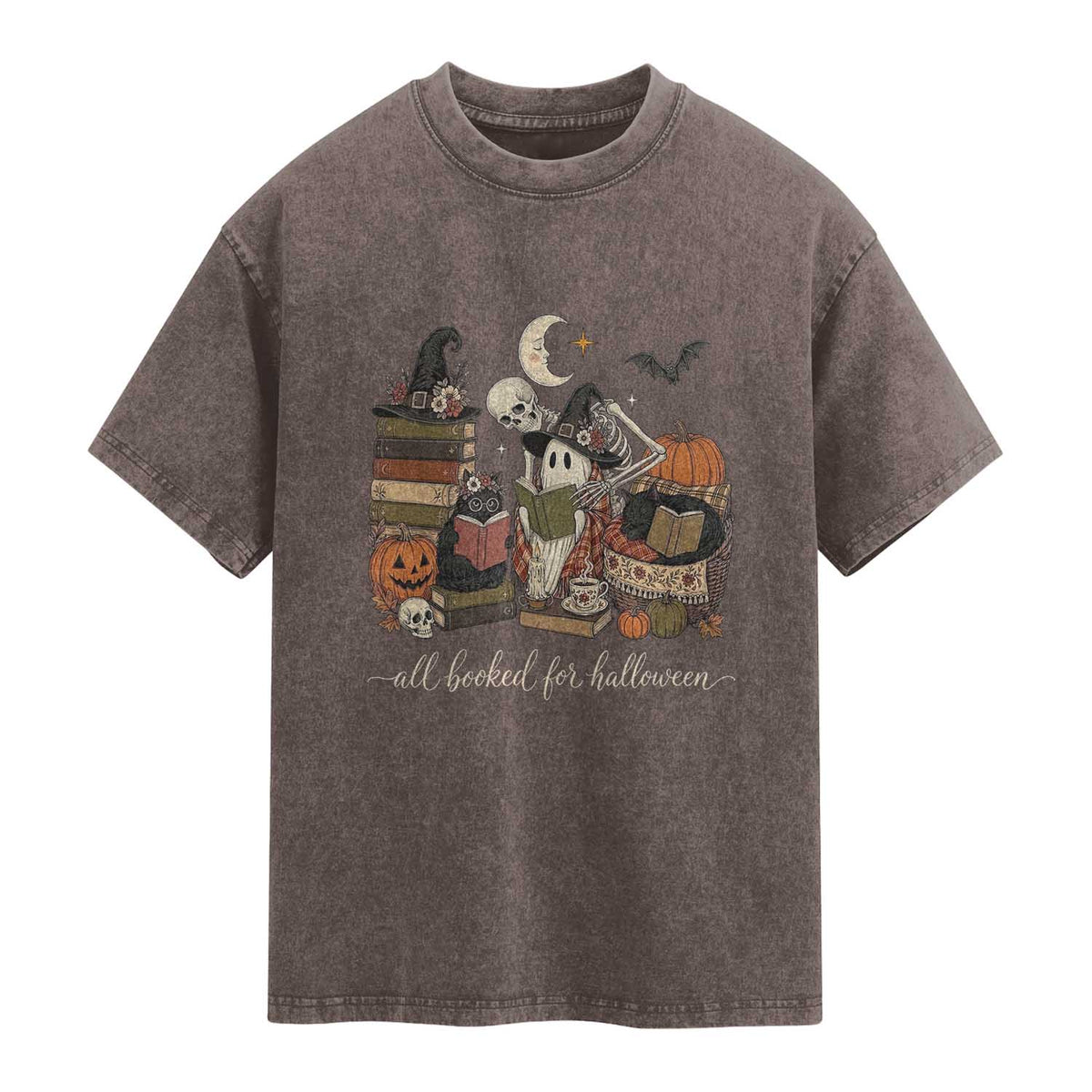 Spooky Bookish Reader Washed Cotton T-Shirt All Booked For Halloween