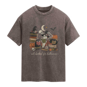 Spooky Bookish Reader Washed Cotton T-Shirt All Booked For Halloween