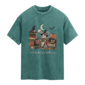 Spooky Bookish Reader Washed Cotton T-Shirt All Booked For Halloween