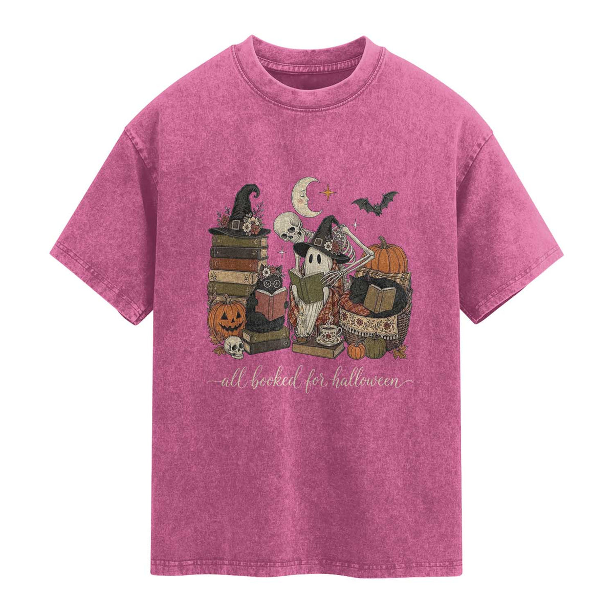 Spooky Bookish Reader Washed Cotton T-Shirt All Booked For Halloween