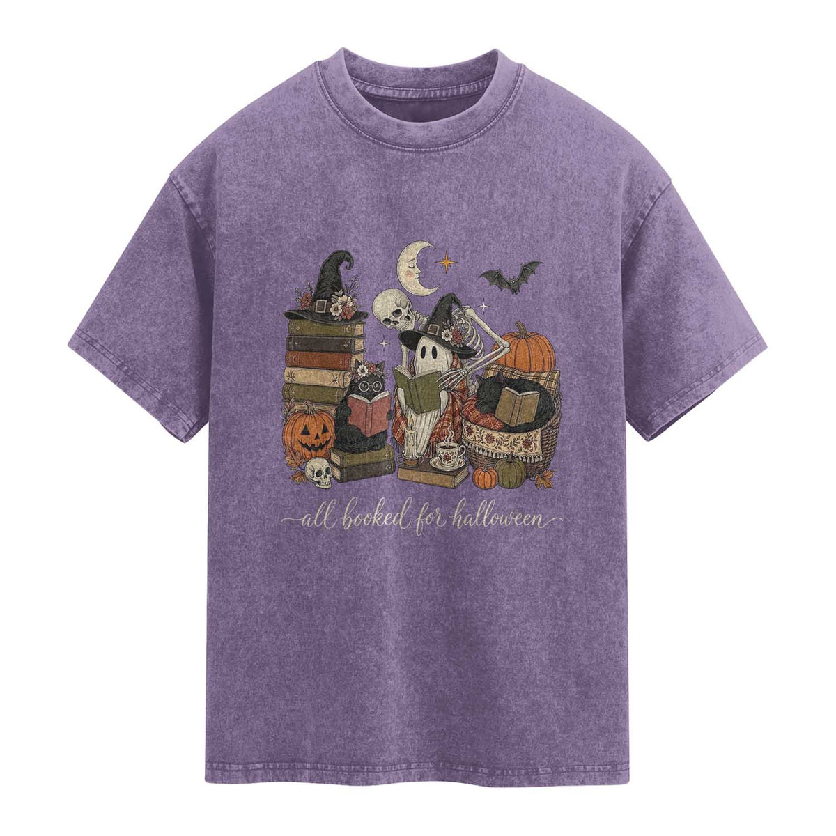 Spooky Bookish Reader Washed Cotton T-Shirt All Booked For Halloween