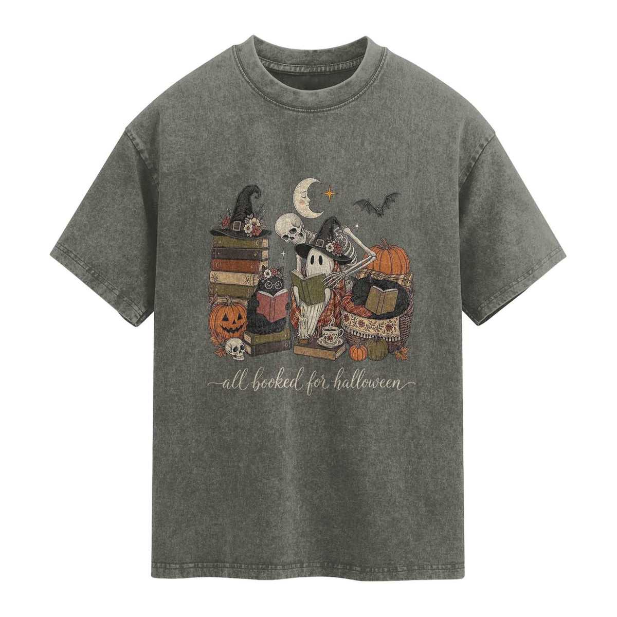 Spooky Bookish Reader Washed Cotton T-Shirt All Booked For Halloween