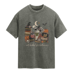 Spooky Bookish Reader Washed Cotton T-Shirt All Booked For Halloween