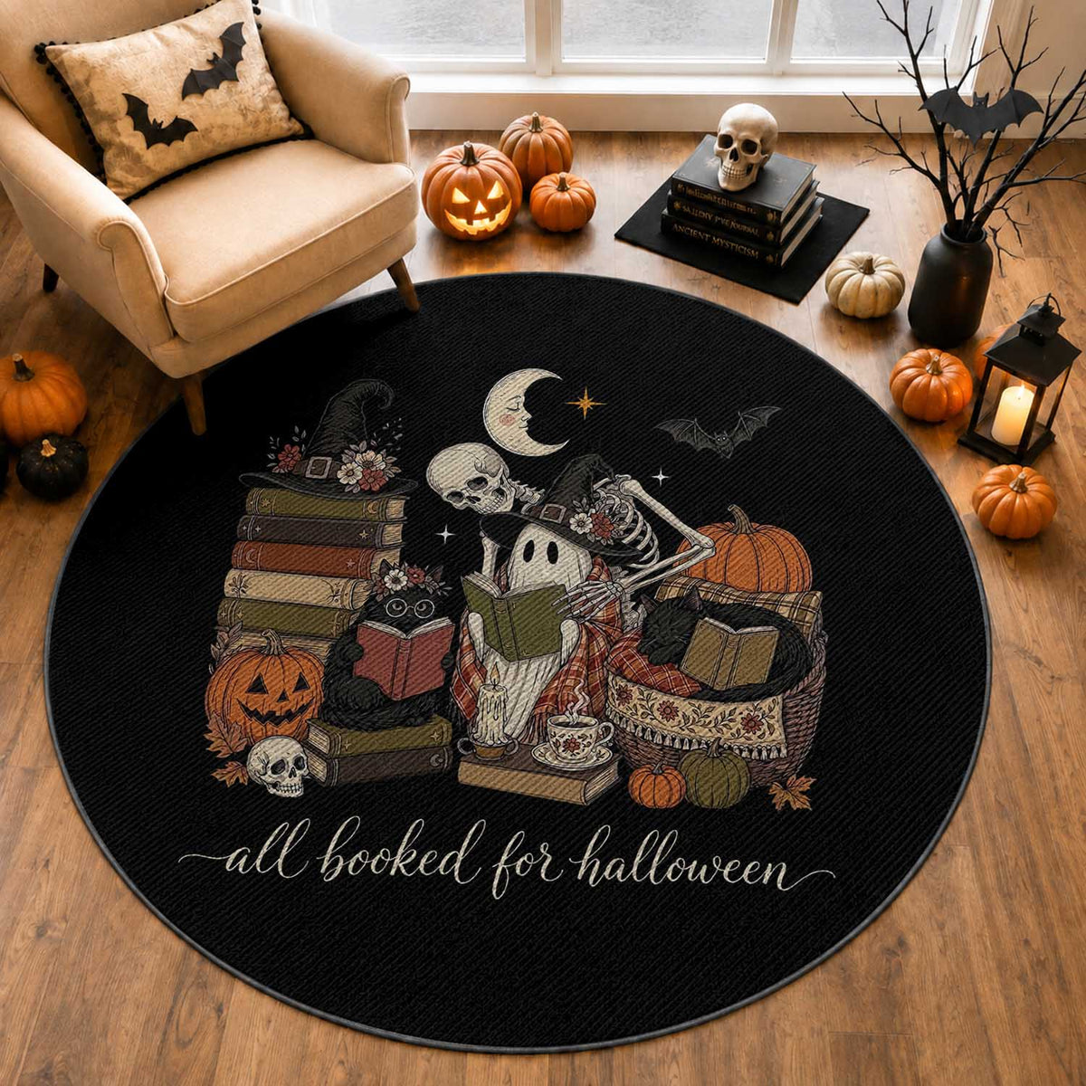 Spooky Bookish Reader Round Rug All Booked For Halloween