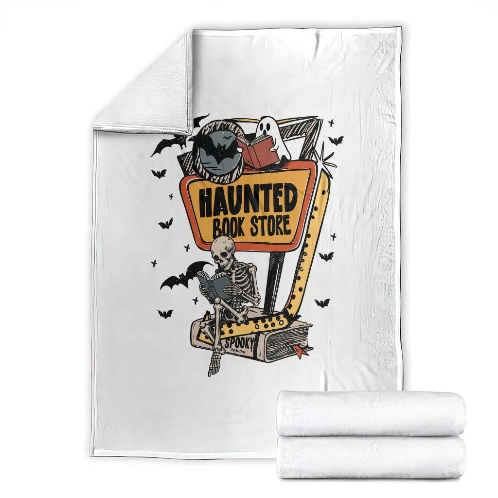 Funny Haunted Book Store Halloween Throw Blanket Skeleton Ghost Book Reader