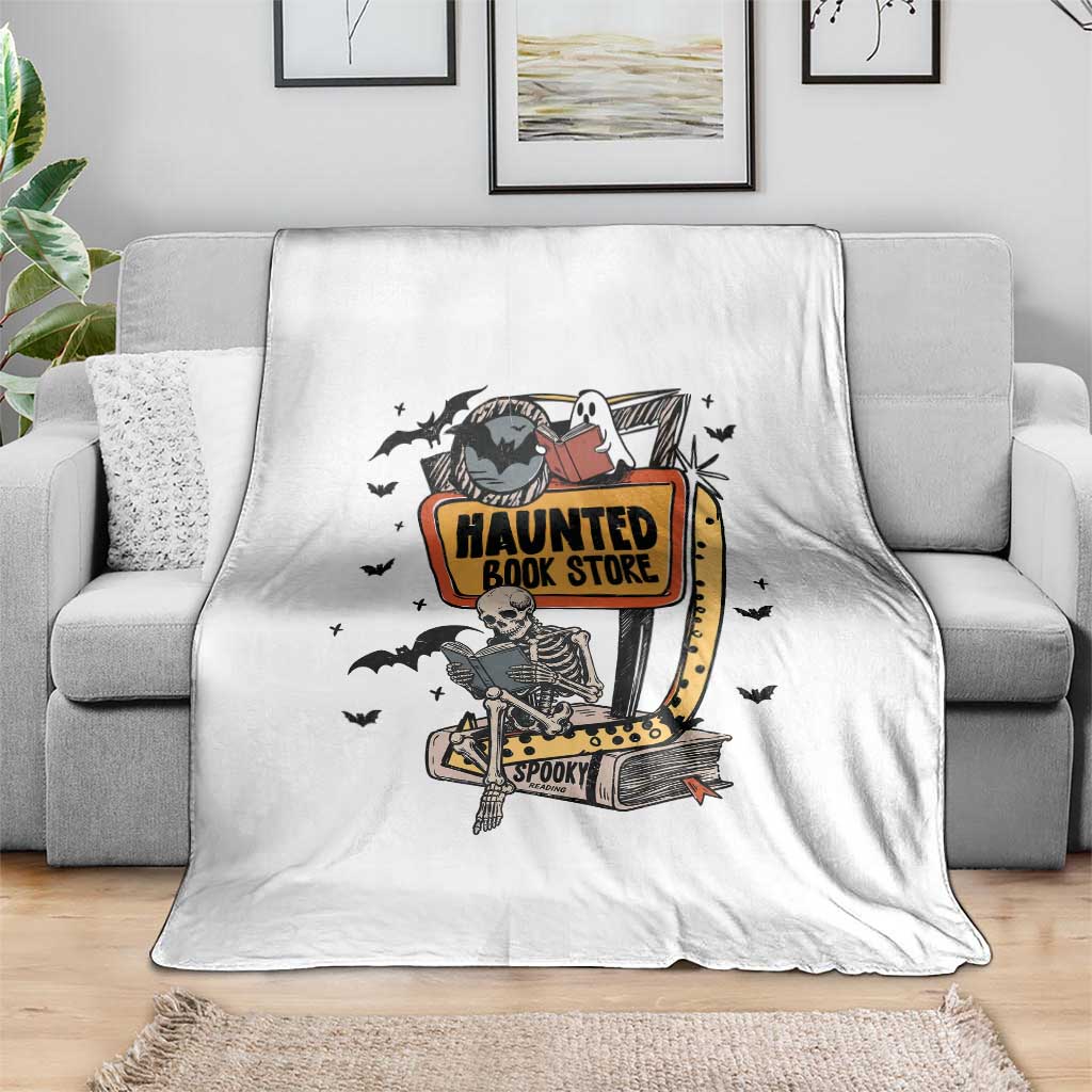 Funny Haunted Book Store Halloween Throw Blanket Skeleton Ghost Book Reader