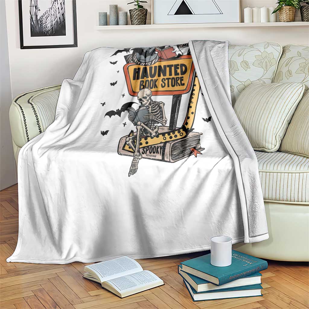 Funny Haunted Book Store Halloween Throw Blanket Skeleton Ghost Book Reader