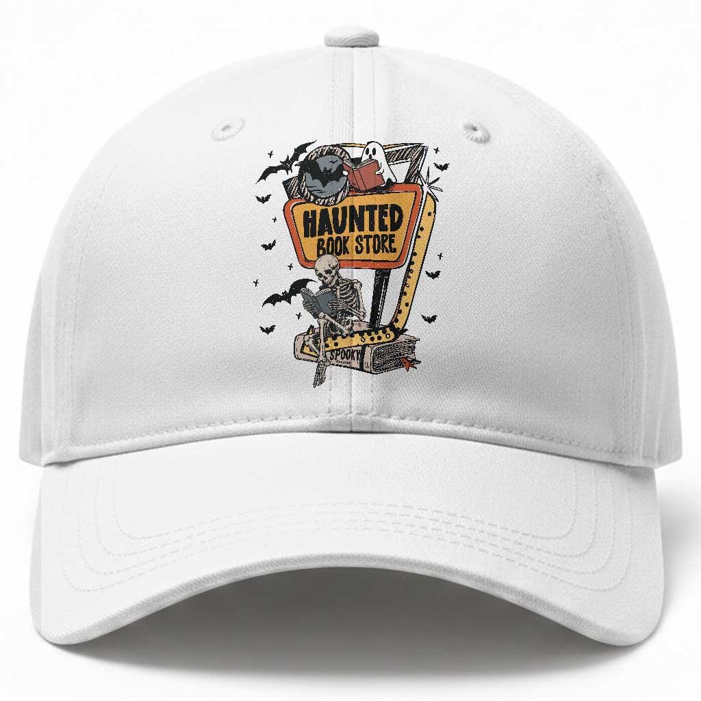 Funny Haunted Book Store Halloween Baseball Cap Skeleton Ghost Book Reader
