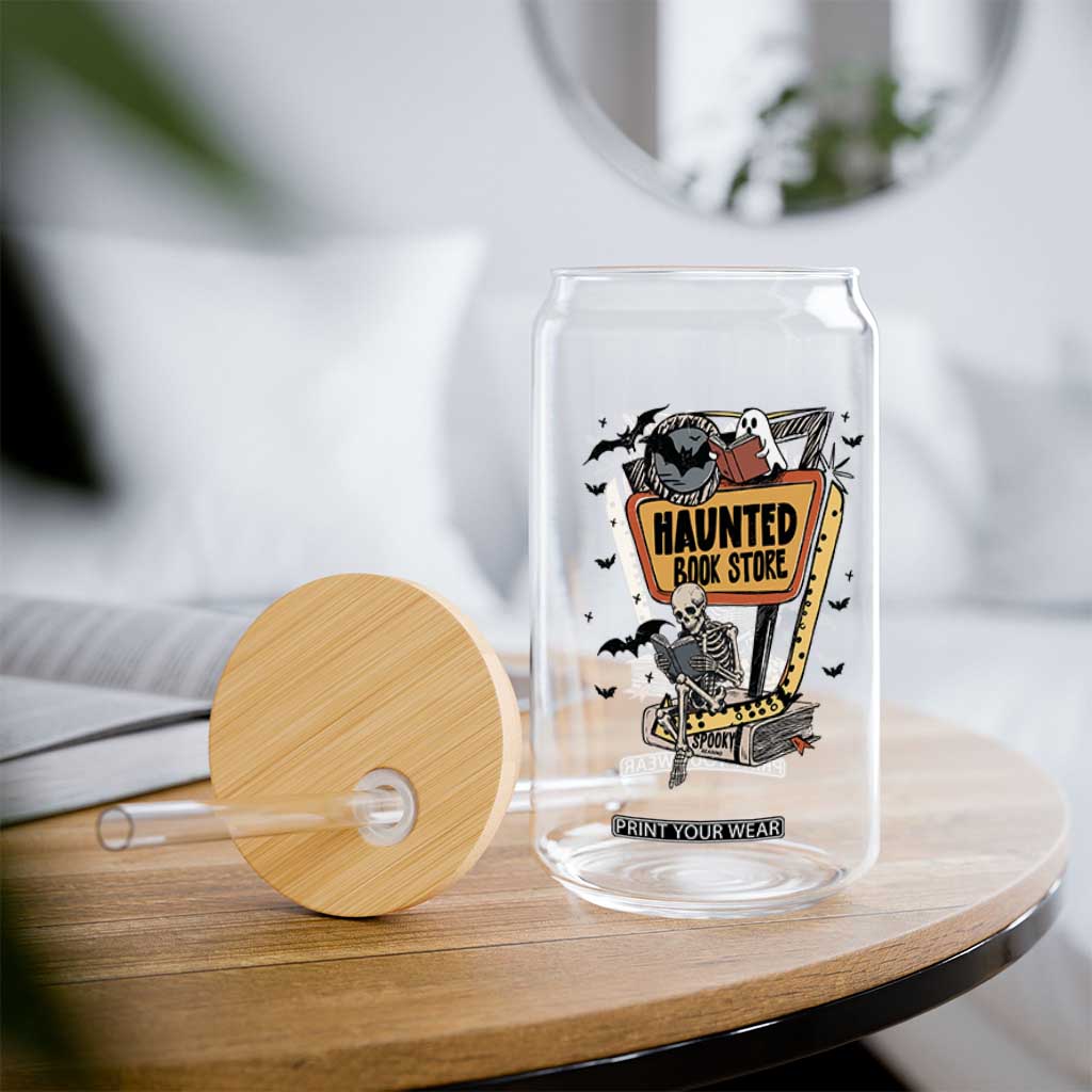 Funny Haunted Book Store Halloween Glass Can Skeleton Ghost Book Reader
