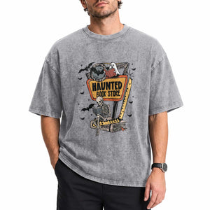 Funny Haunted Book Store Halloween Washed Cotton T-Shirt Skeleton Ghost Book Reader