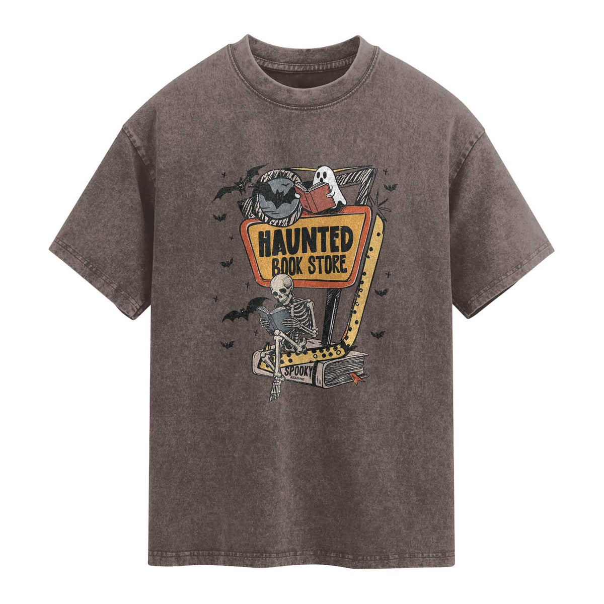 Funny Haunted Book Store Halloween Washed Cotton T-Shirt Skeleton Ghost Book Reader